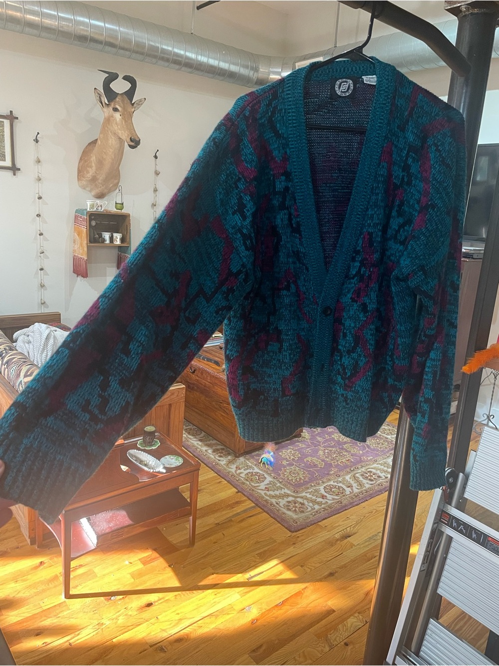 Vintage Teal and Magenta Cardigan